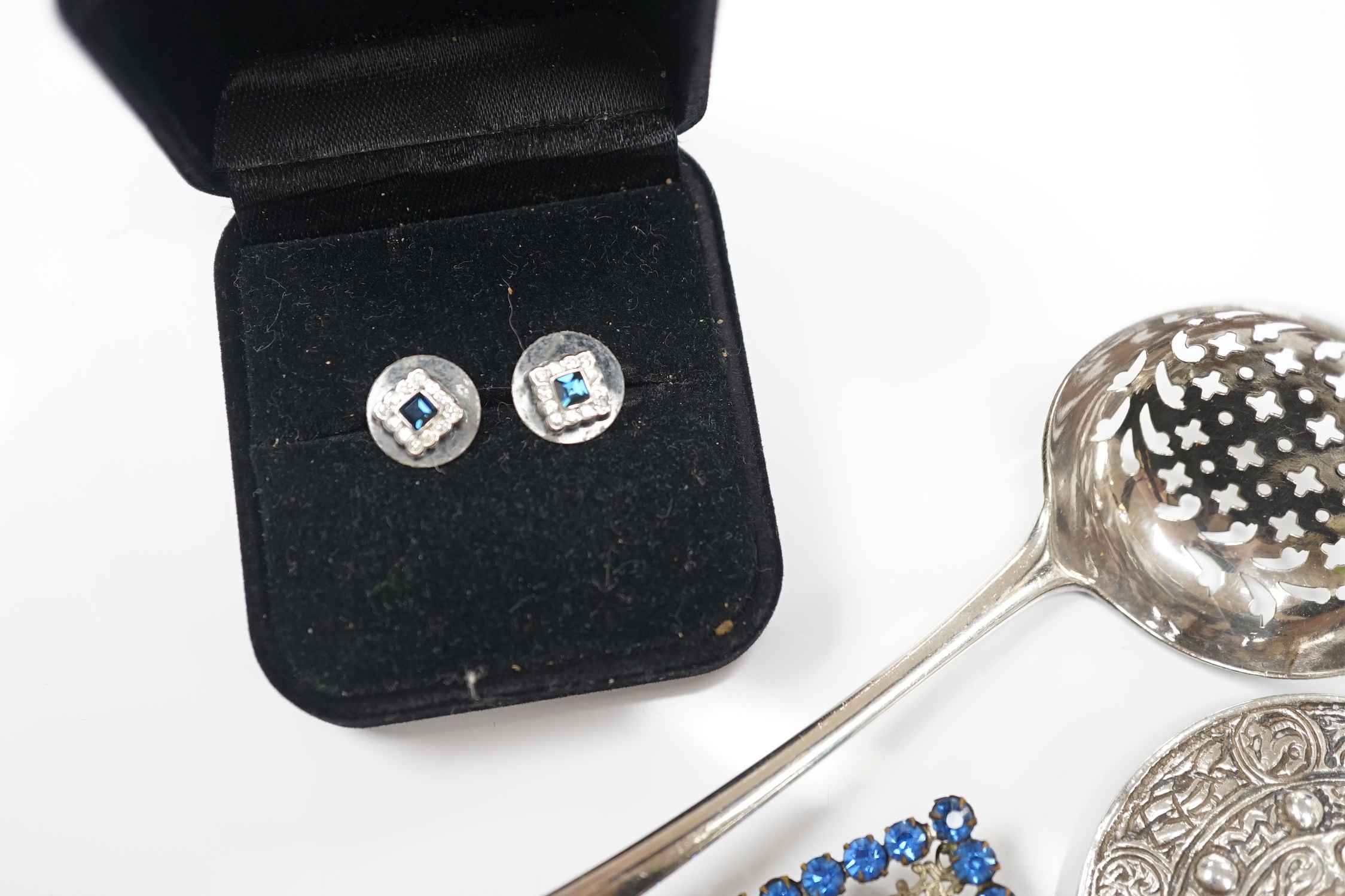 Sundry small silver including mounted glass toilet jars and a Georgian sifter spoon, together with assorted silver and other jewellery including earrings, pendants, brooches etc.